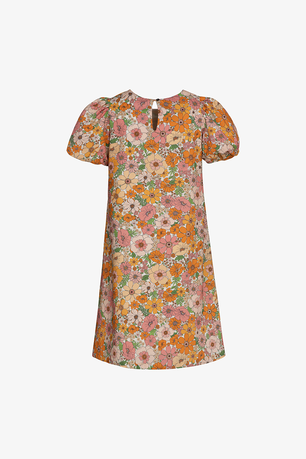 Đầm hoa dáng suông tay phồng cổ tròn