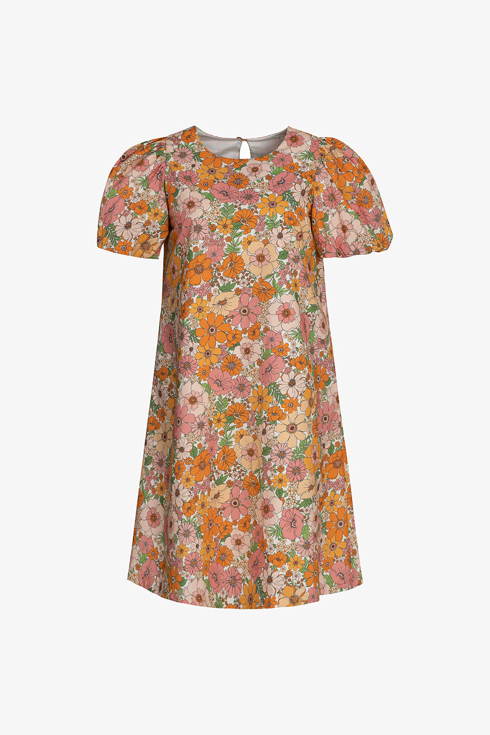 Đầm hoa dáng suông tay phồng cổ tròn