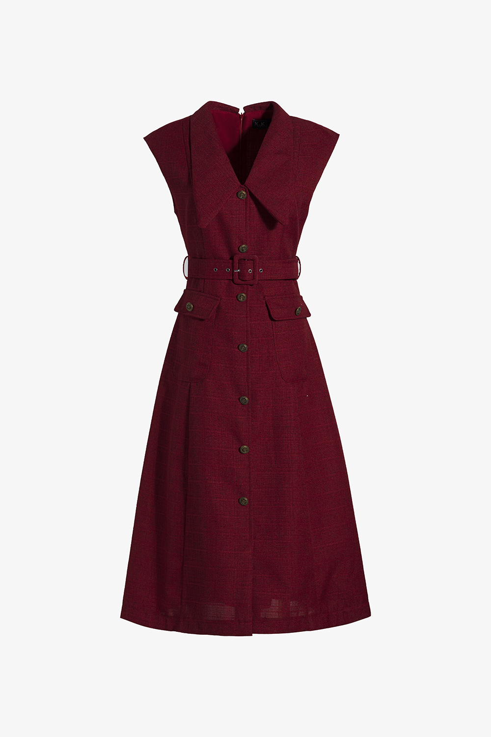 Đầm đỏ sát nách cổ sen nhọn kèm thắt eo