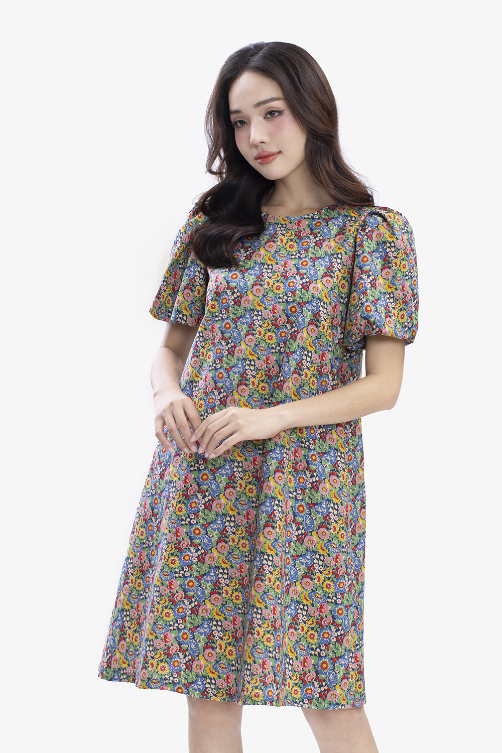 Đầm suông tay phồng họa tiết hoa