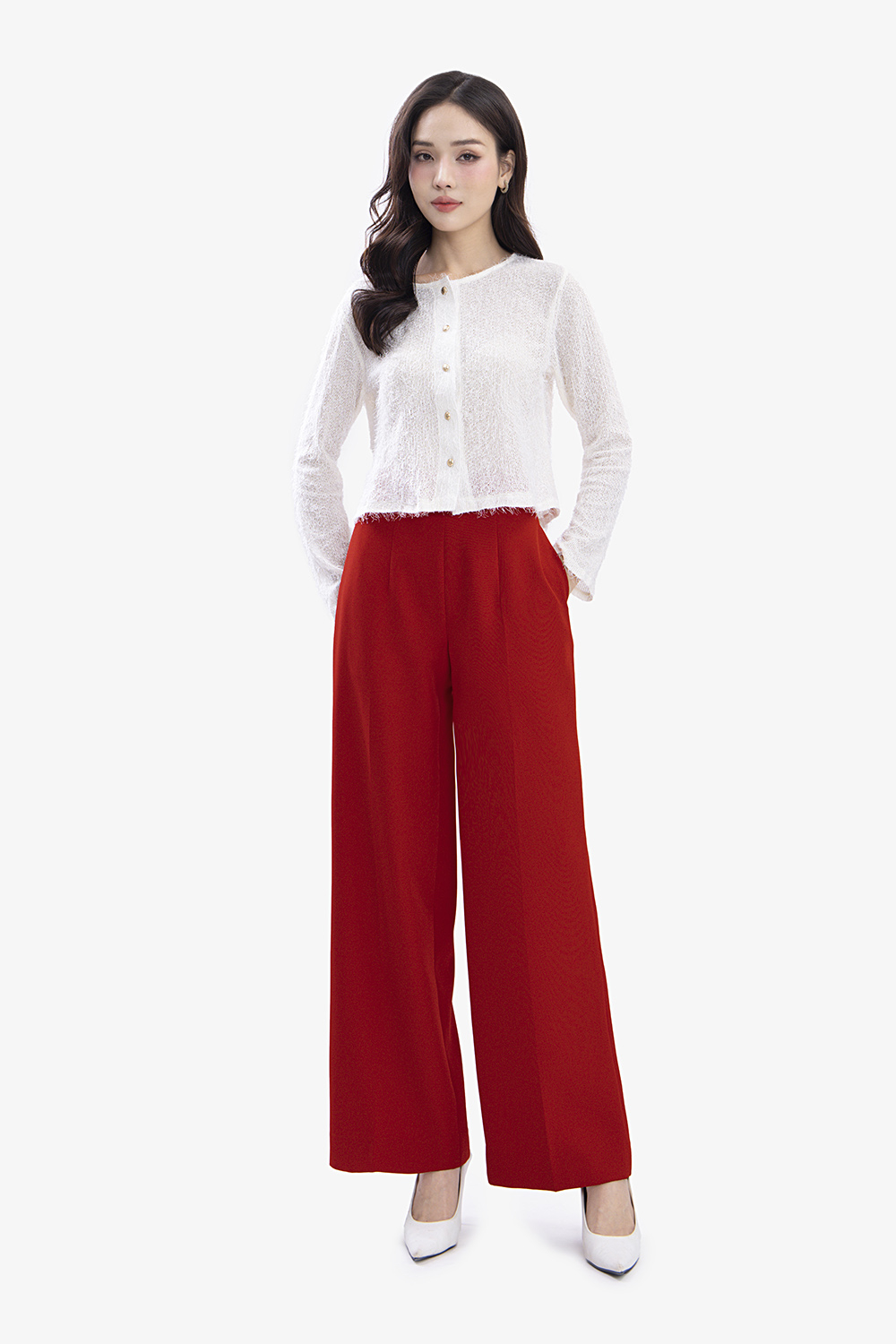 Quần công sở nữ lưng cao ống suông màu đỏ