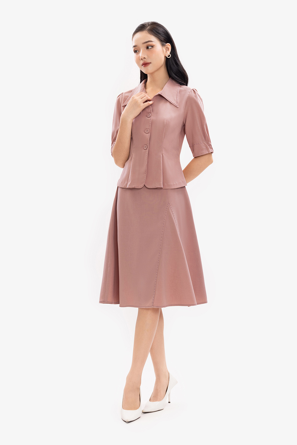 Áo sơ mi nữ công sở màu hồng tay phồng