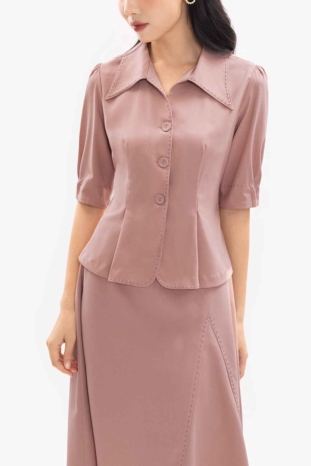 Áo sơ mi nữ công sở màu hồng tay phồng