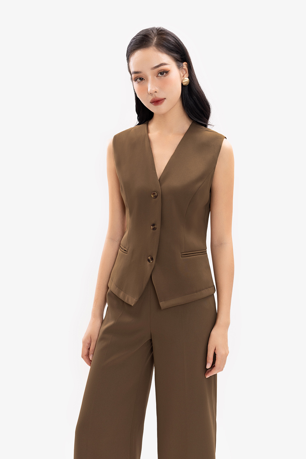 Áo gile nữ màu nâu túi xẻ