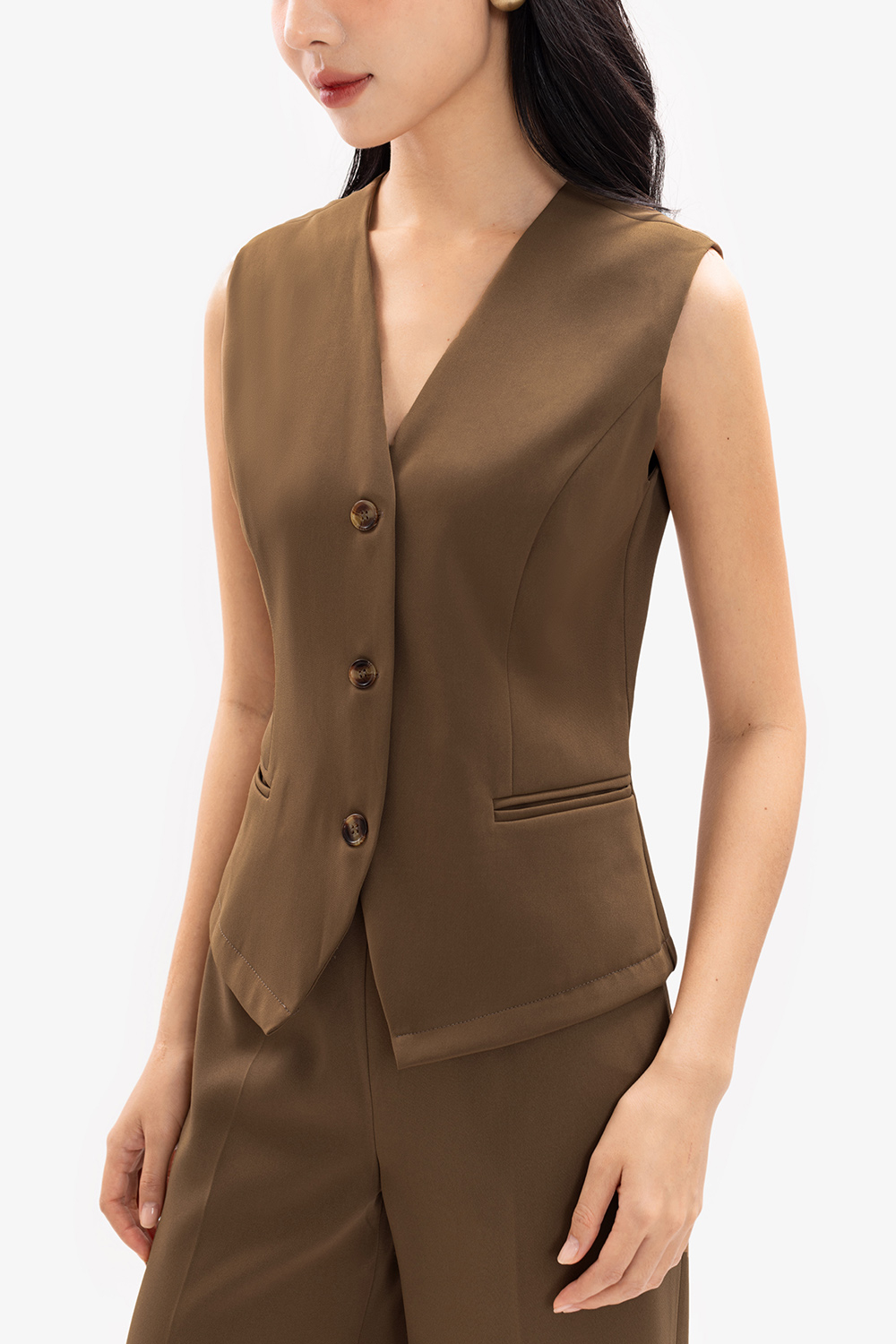 Áo gile nữ màu nâu túi xẻ