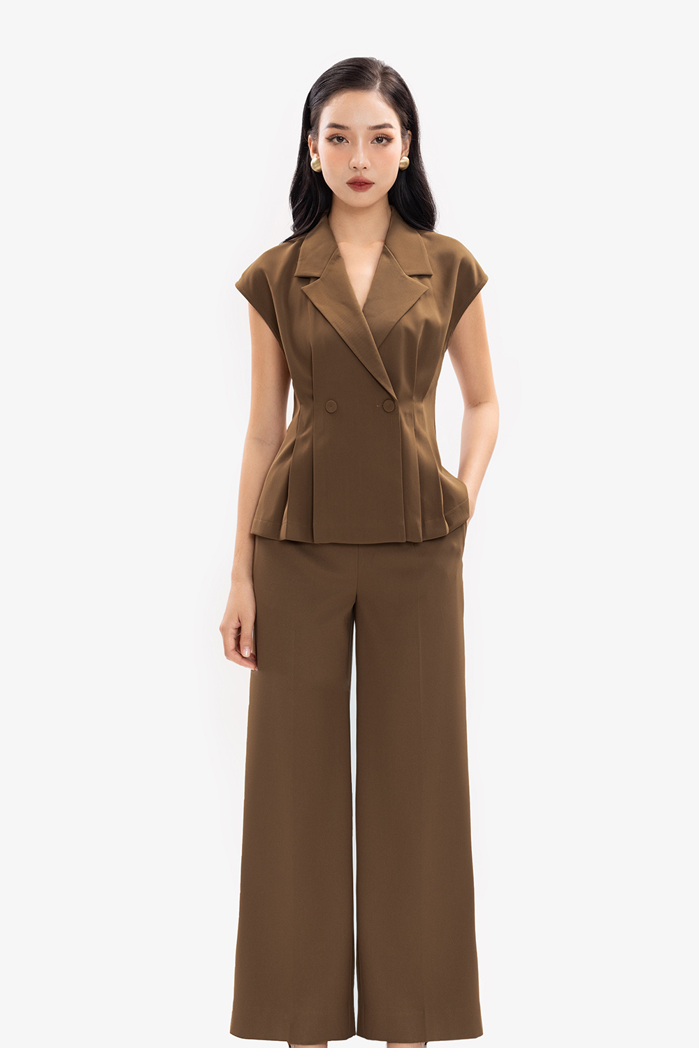 Áo kiểu công sở nữ màu nâu cổ đan tông