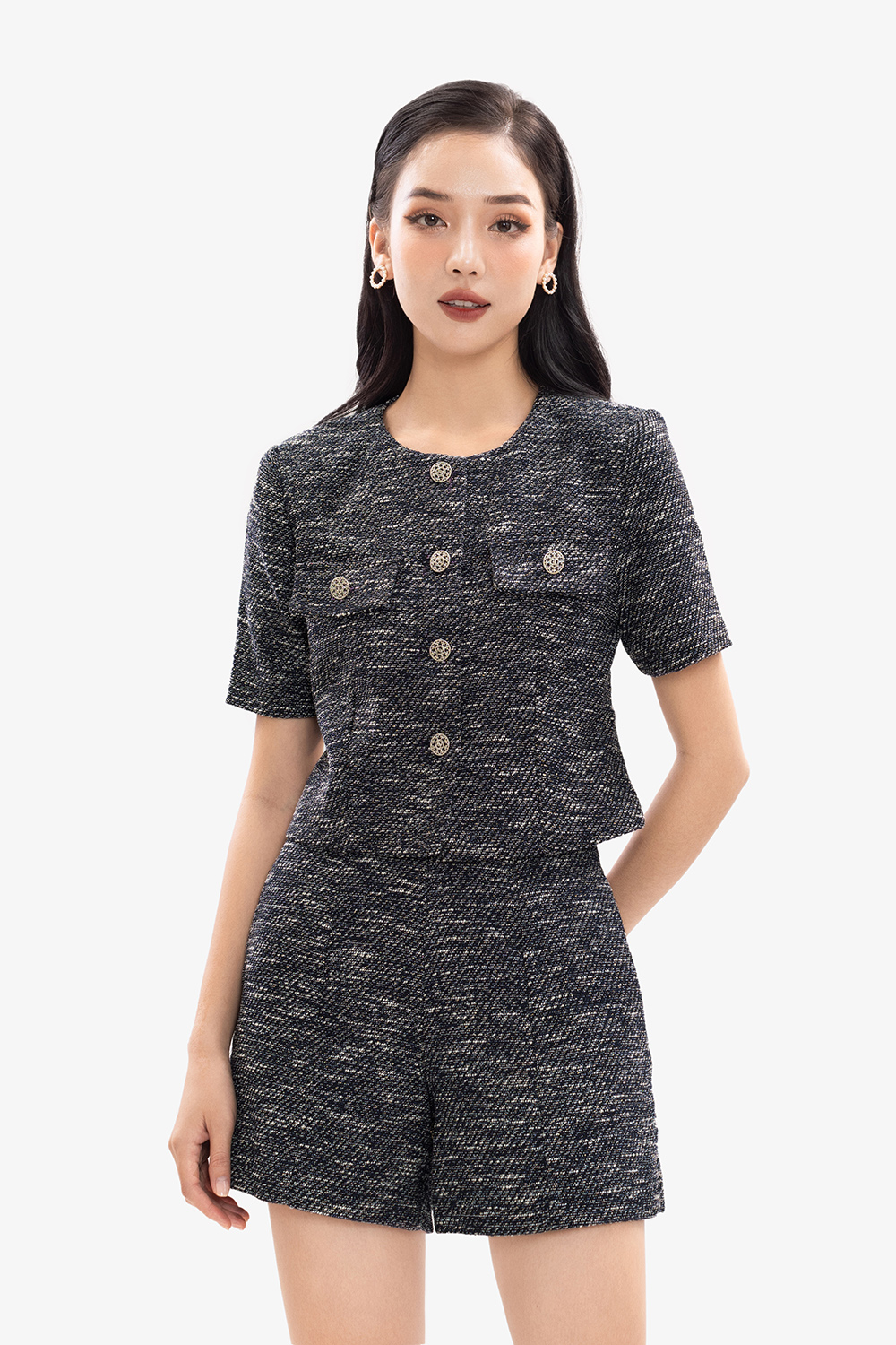 Áo kiểu nữ dáng suông cổ tròn phối túi