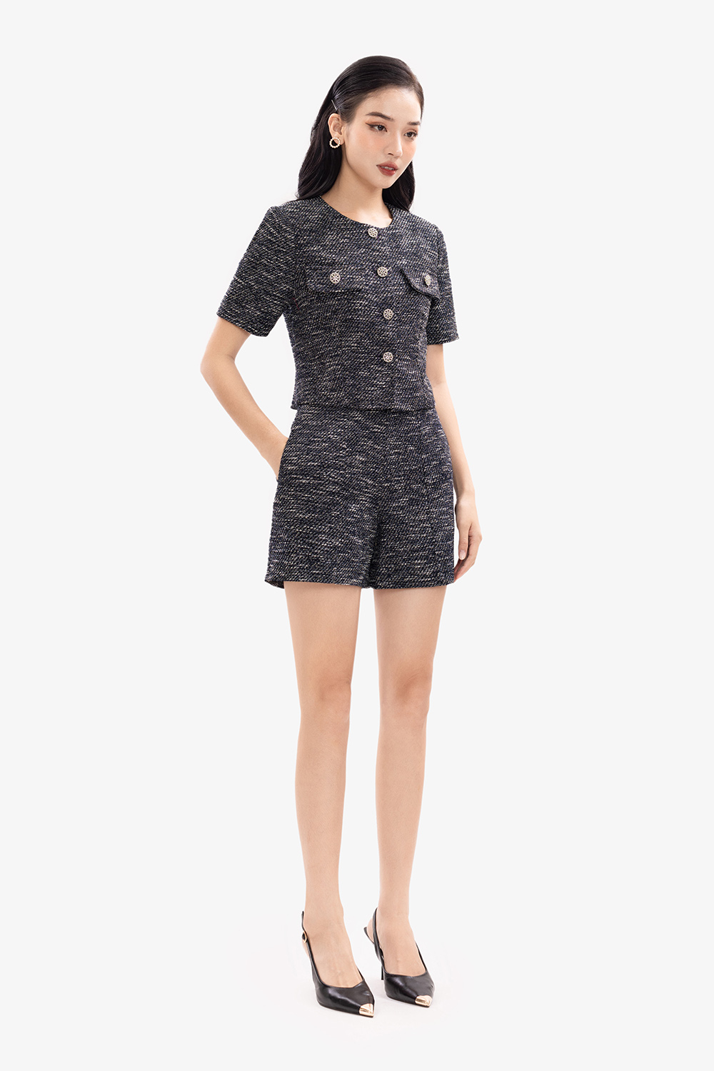 Áo kiểu nữ dáng suông cổ tròn phối túi