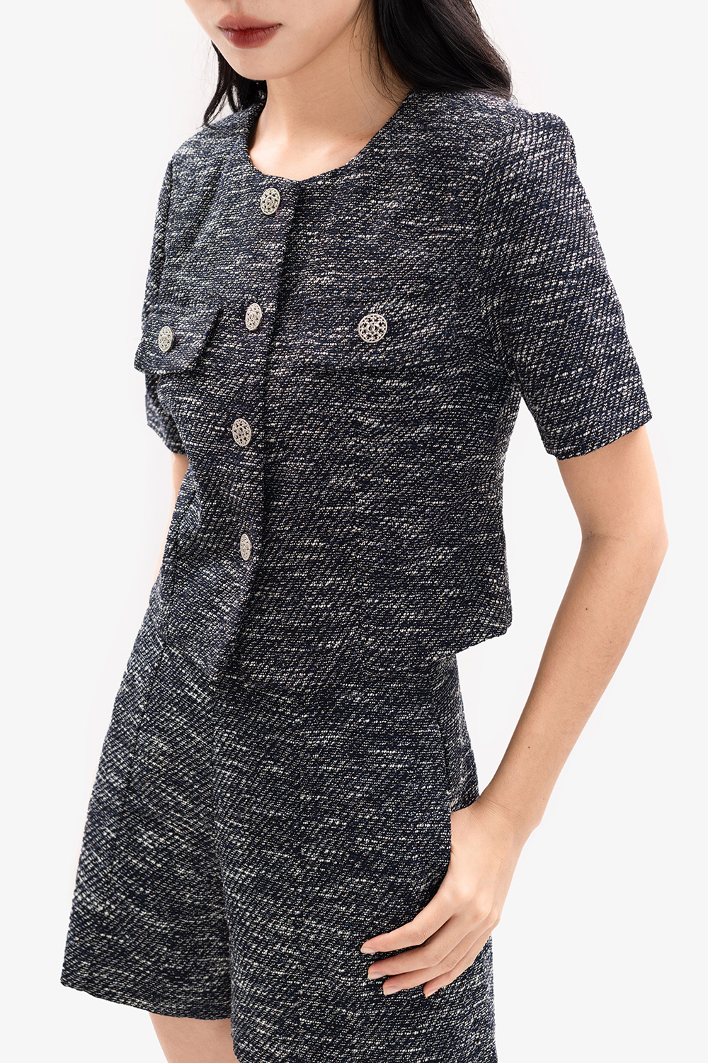 Áo kiểu nữ dáng suông cổ tròn phối túi