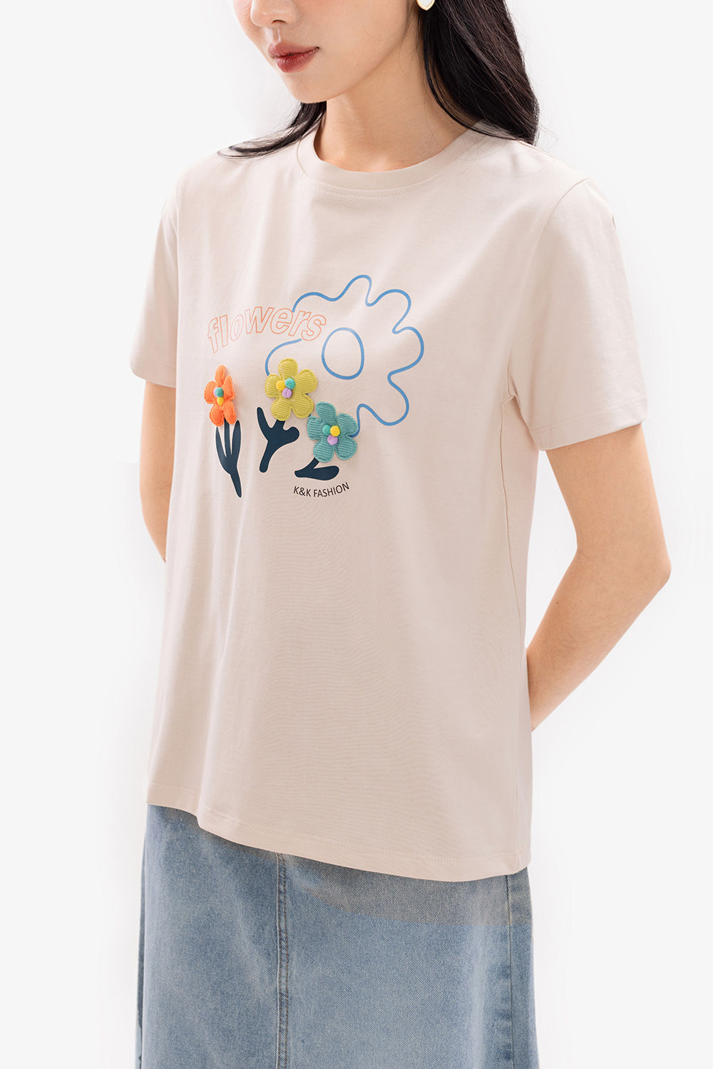 Áo thun cotton nữ đính hoa