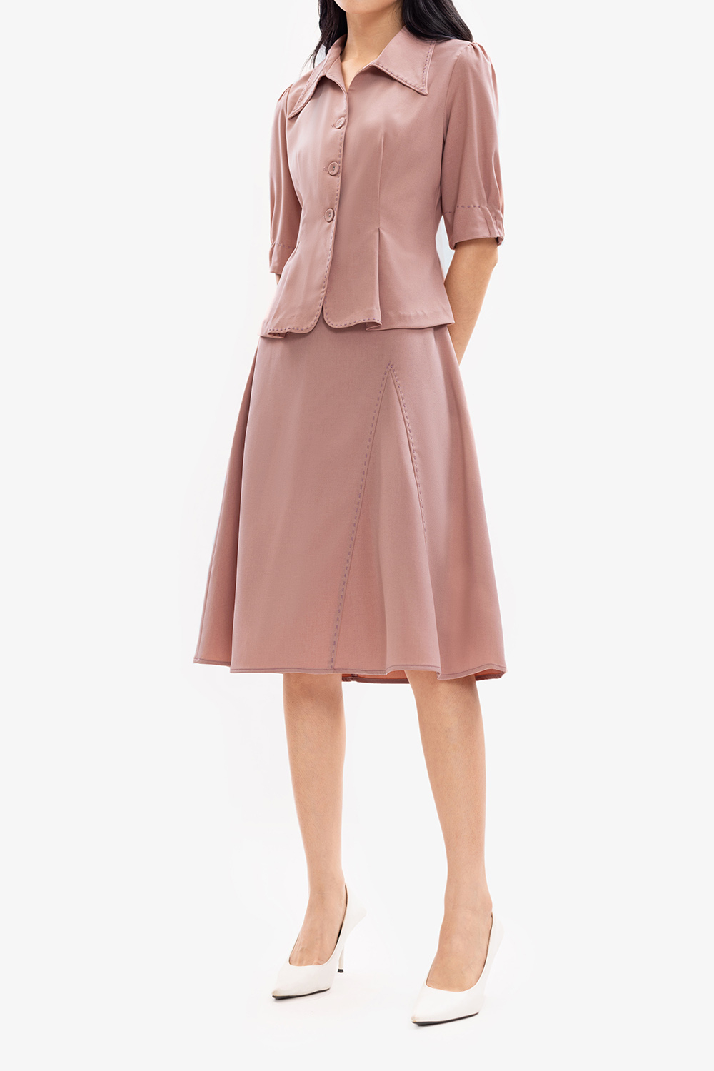 Chân váy midi dáng a màu hồng