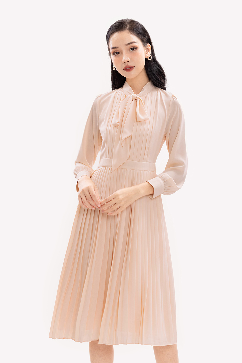 Đầm xòe xếp ly công sở dáng dài cổ phối nơ