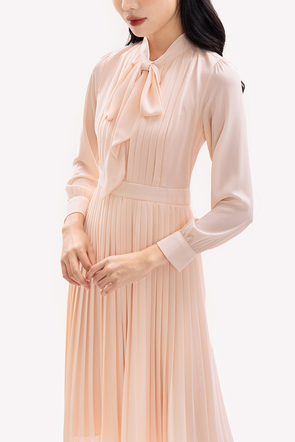 Đầm xòe xếp ly công sở dáng dài cổ phối nơ