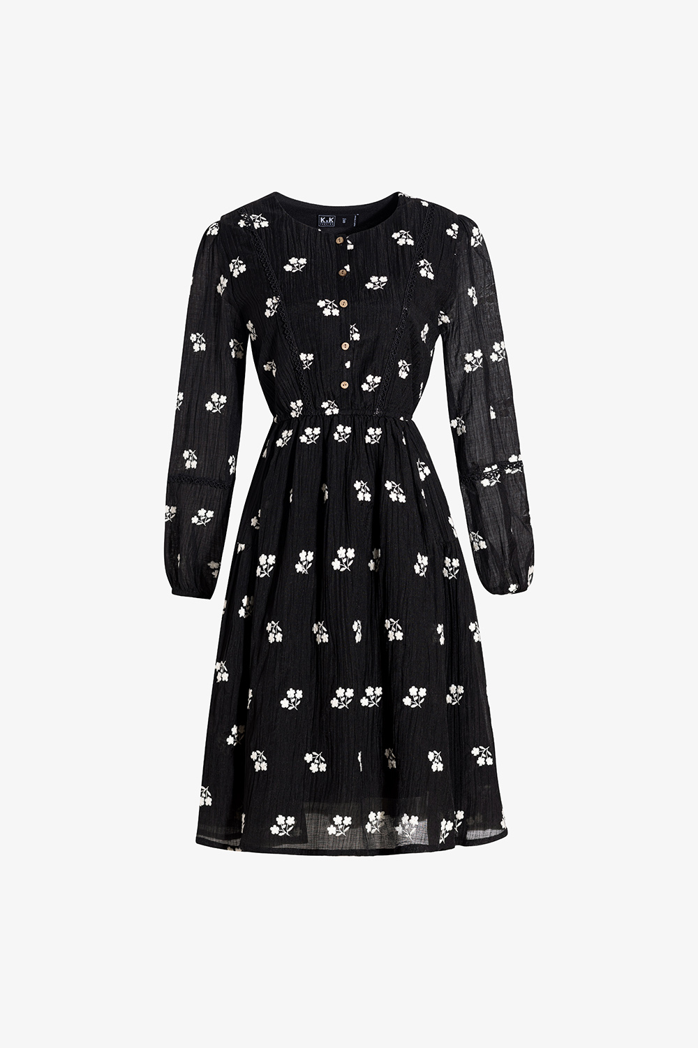 Đầm xòe họa tiết hoa thêu cổ tròn