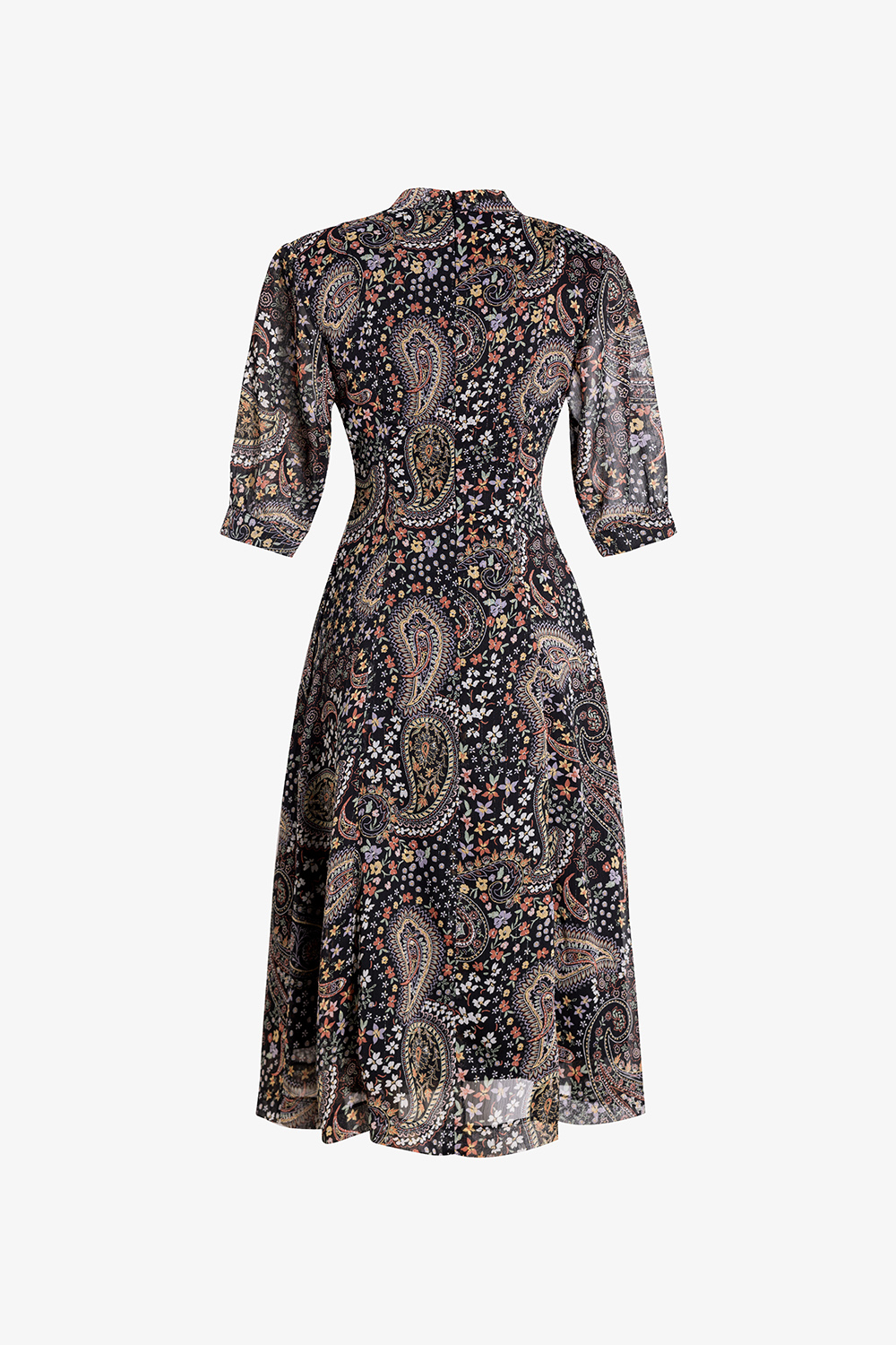 Đầm xòe họa tiết tay lỡ cổ phối nơ