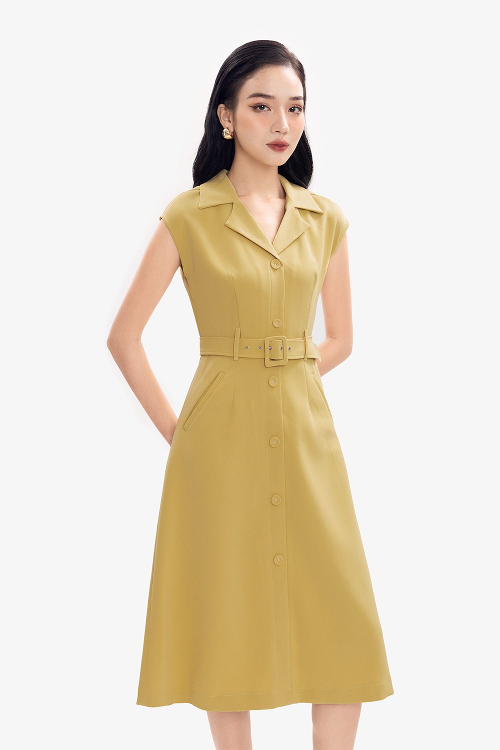 Đầm công sở chữ A màu vàng kèm thắt eo