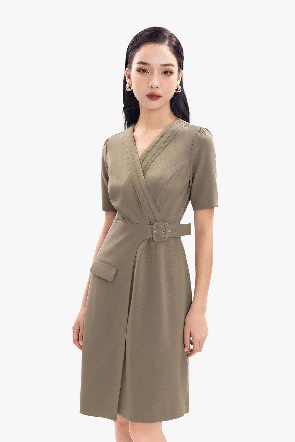 Đầm công sở chữ A màu nâu đắp chéo