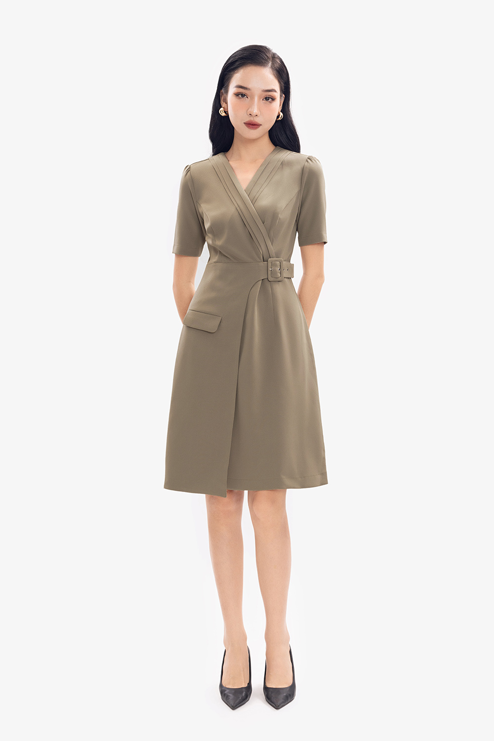 Đầm công sở chữ A màu nâu đắp chéo