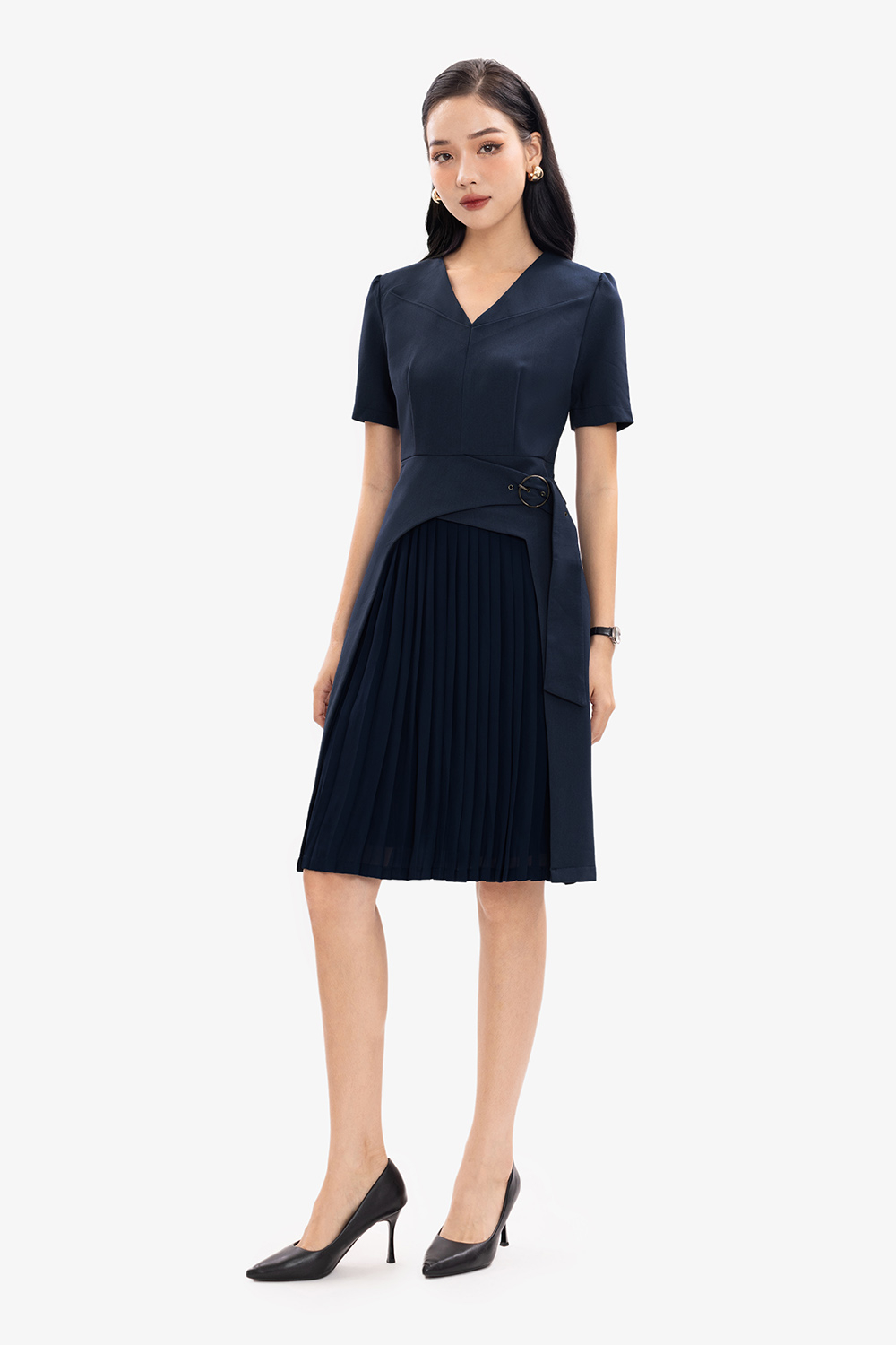 Đầm liền công sở dáng xòe xếp ly