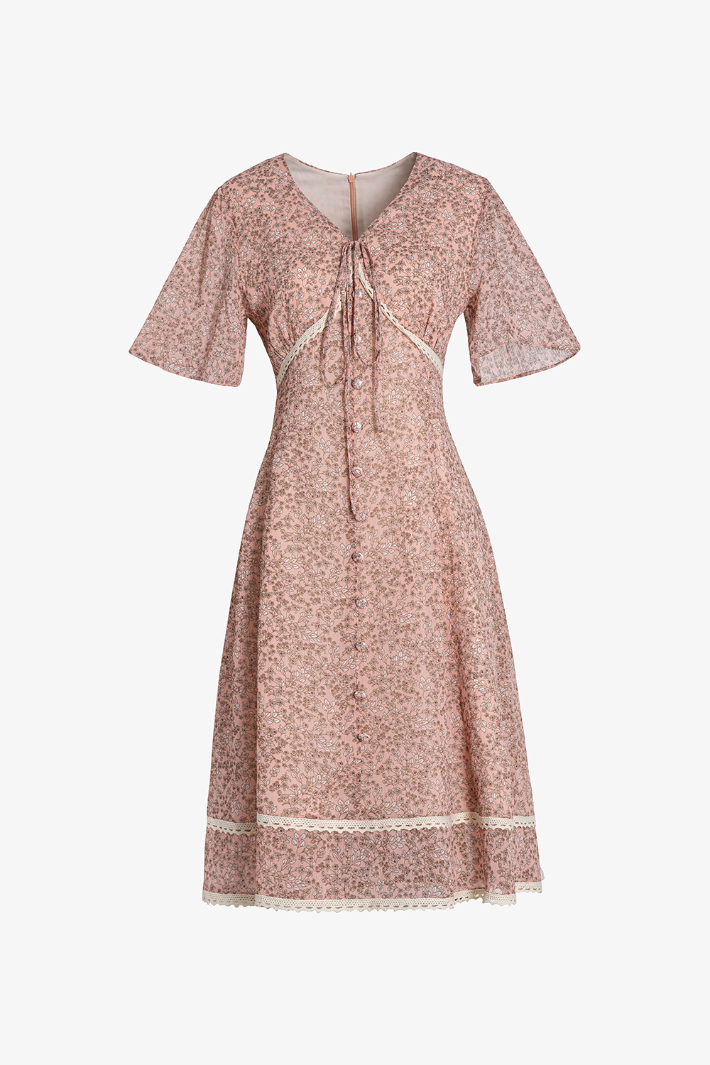 Đầm xòe hoa công sở màu hồng phối đăng ten