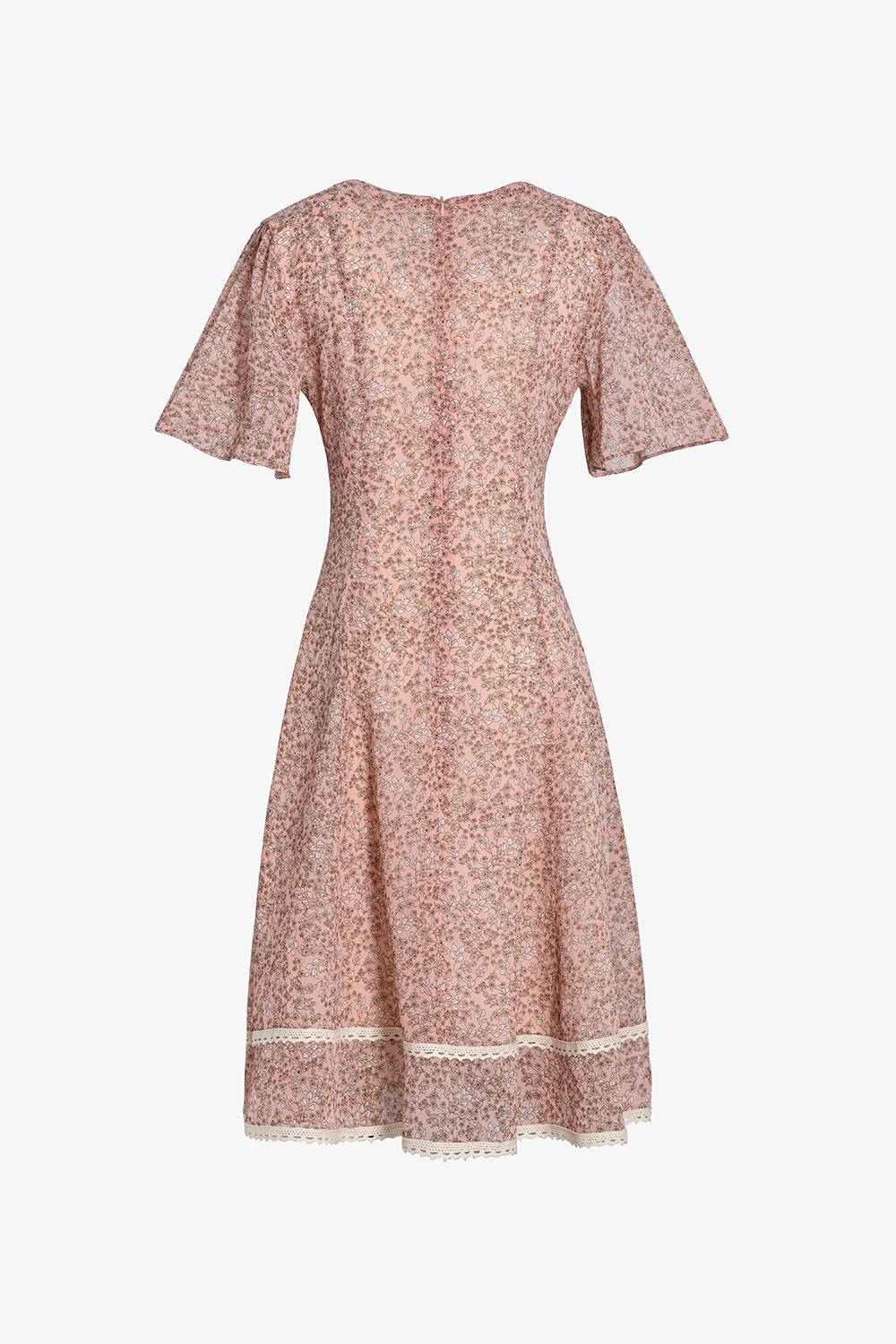 Đầm xòe hoa công sở màu hồng phối đăng ten