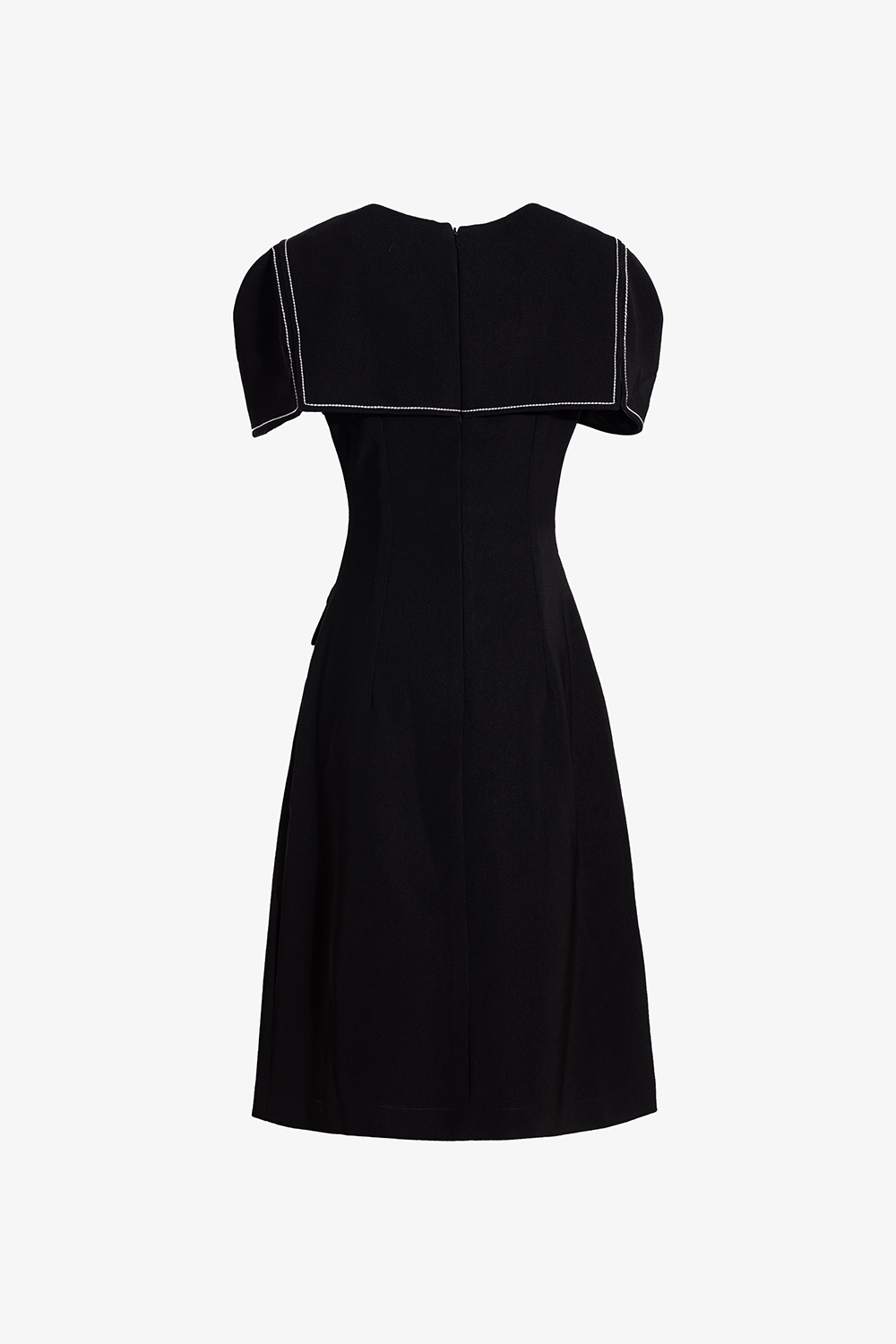 Đầm công sở đen chữ A lá cổ lớn viền chỉ