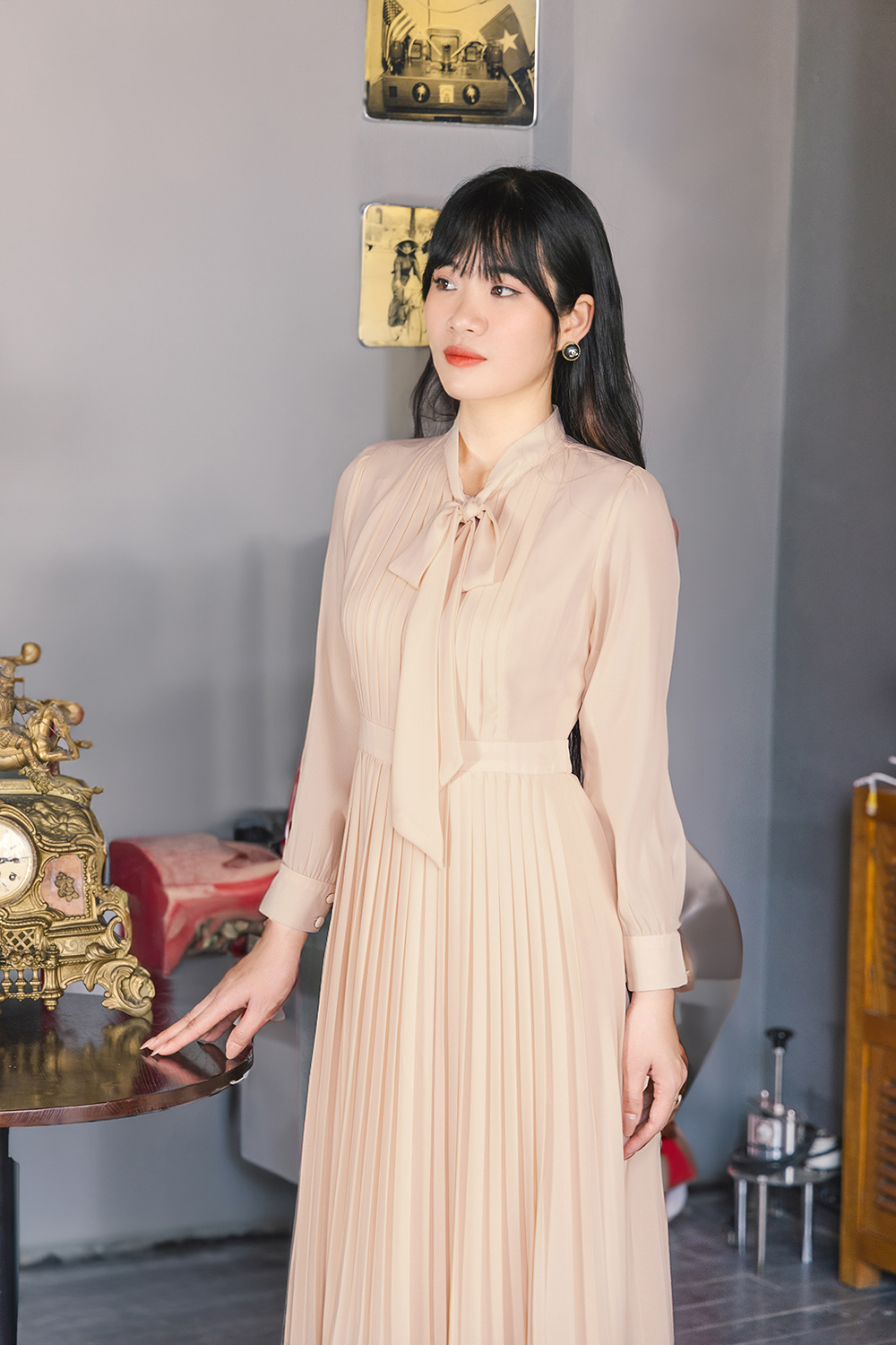 Đầm xòe xếp ly công sở dáng dài cổ phối nơ