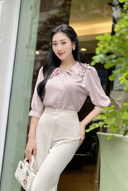 Áo sơ mi hồng cổ sen viền bèo tay lửng ASM17-06