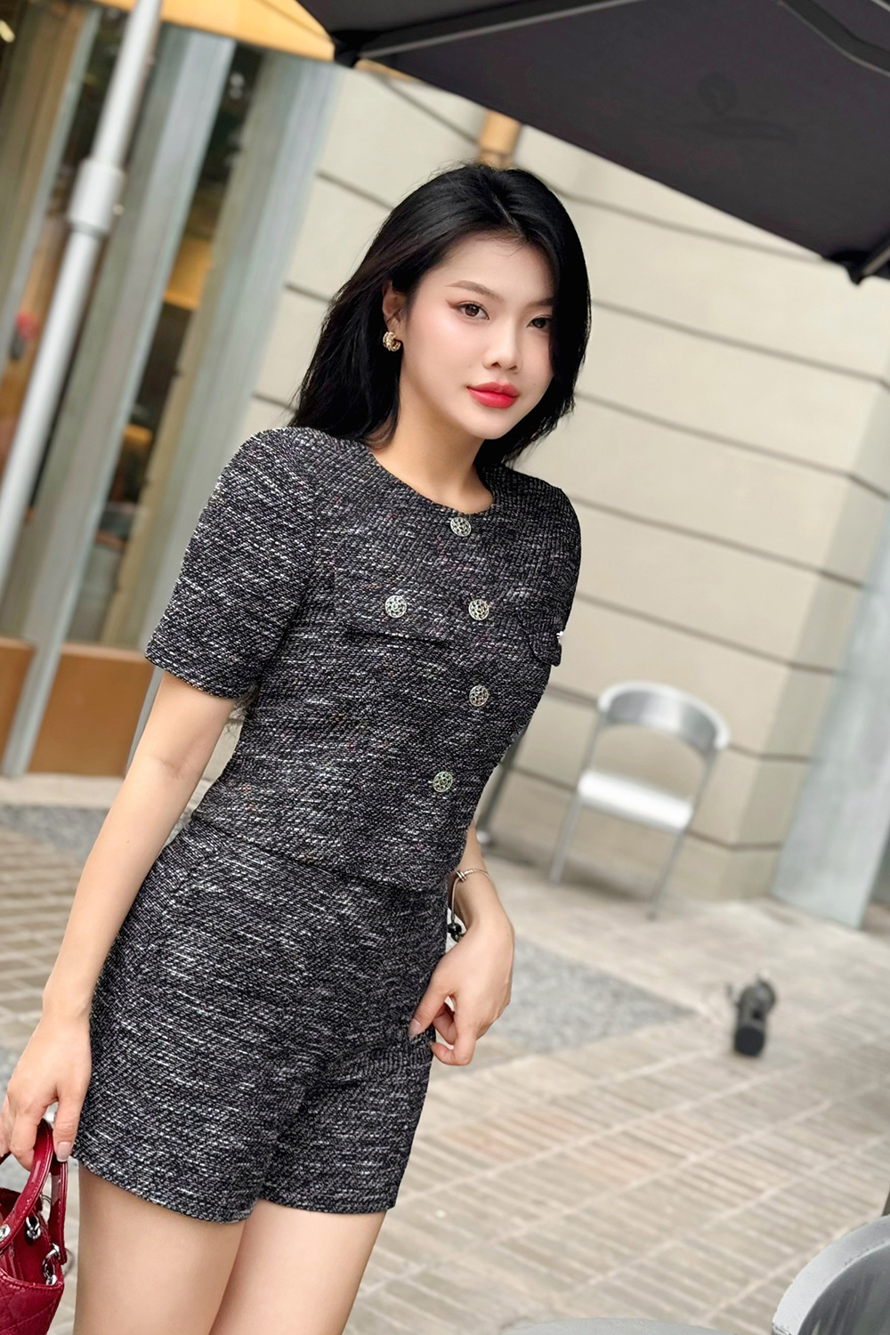 Áo kiểu nữ dáng suông cổ tròn phối túi