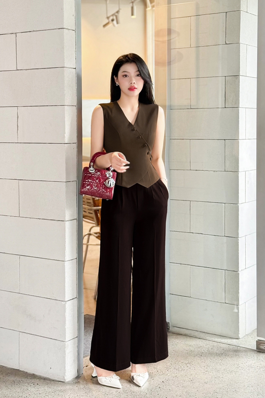 Áo kiểu gile cổ tim sát nách phối cúc bọc ASM18-05