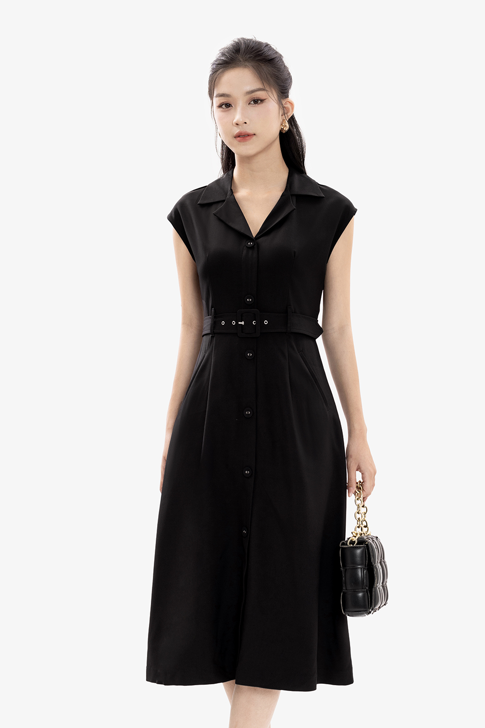 Đầm đen sơ mi công sở chữ A kèm thắt eo