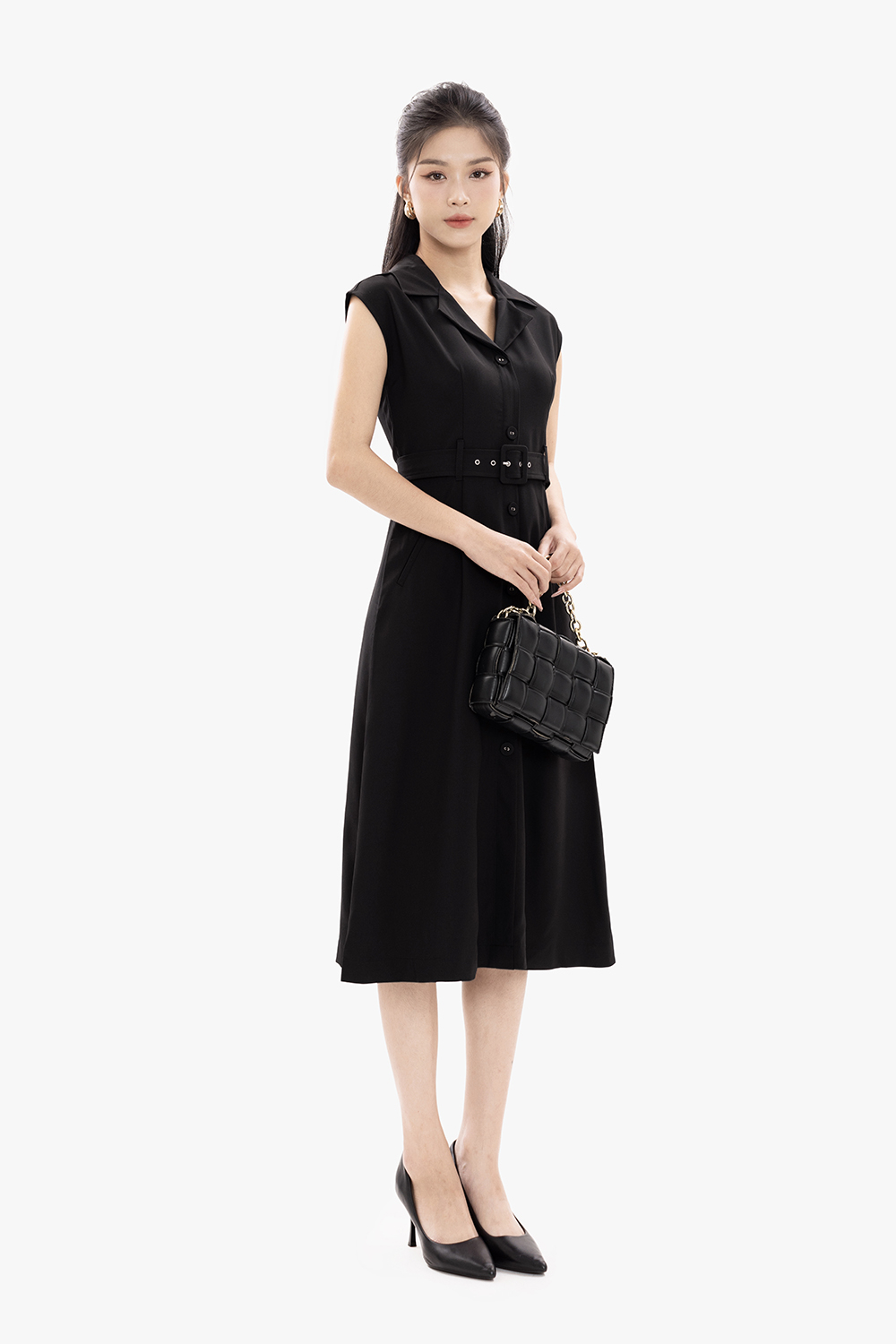 Đầm đen sơ mi công sở chữ A kèm thắt eo