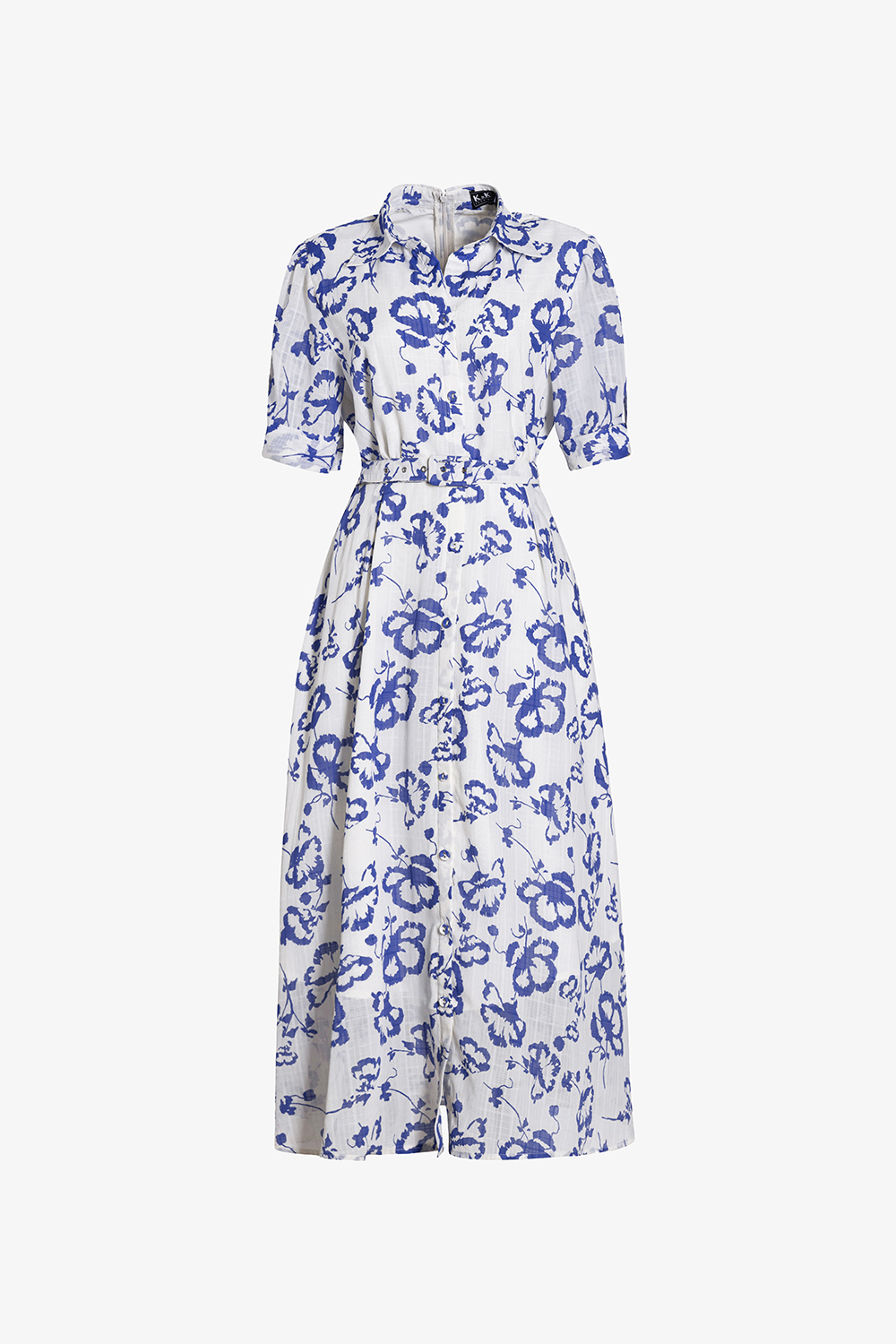 Đầm sơ mi trắng hoa xanh phối thắt lưng