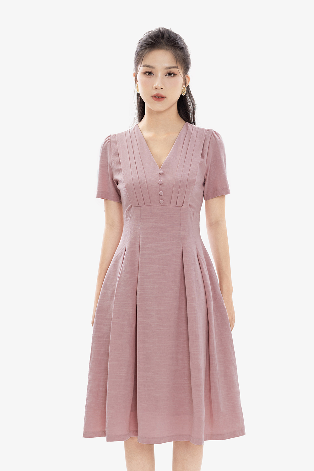 Đầm xòe hồng ngực xếp ly cổ chữ V