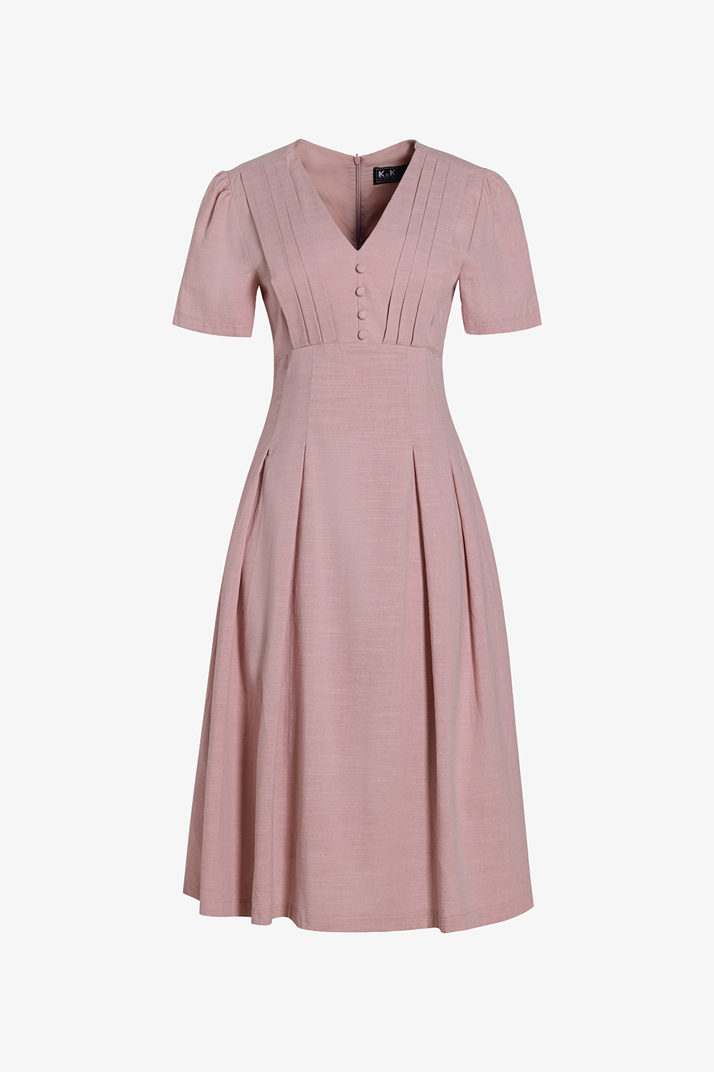 Đầm xòe hồng ngực xếp ly cổ chữ V