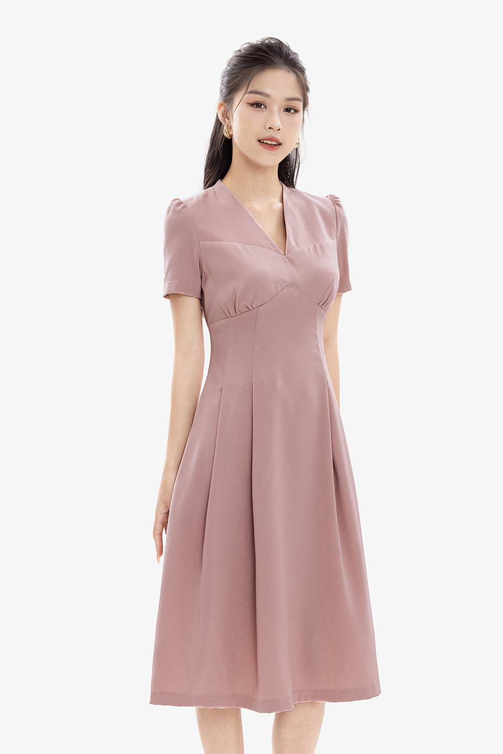 Đầm hồng công sở cổ v dáng xòe xếp ly KK167-14 | Thời trang công sở K&K Fashion