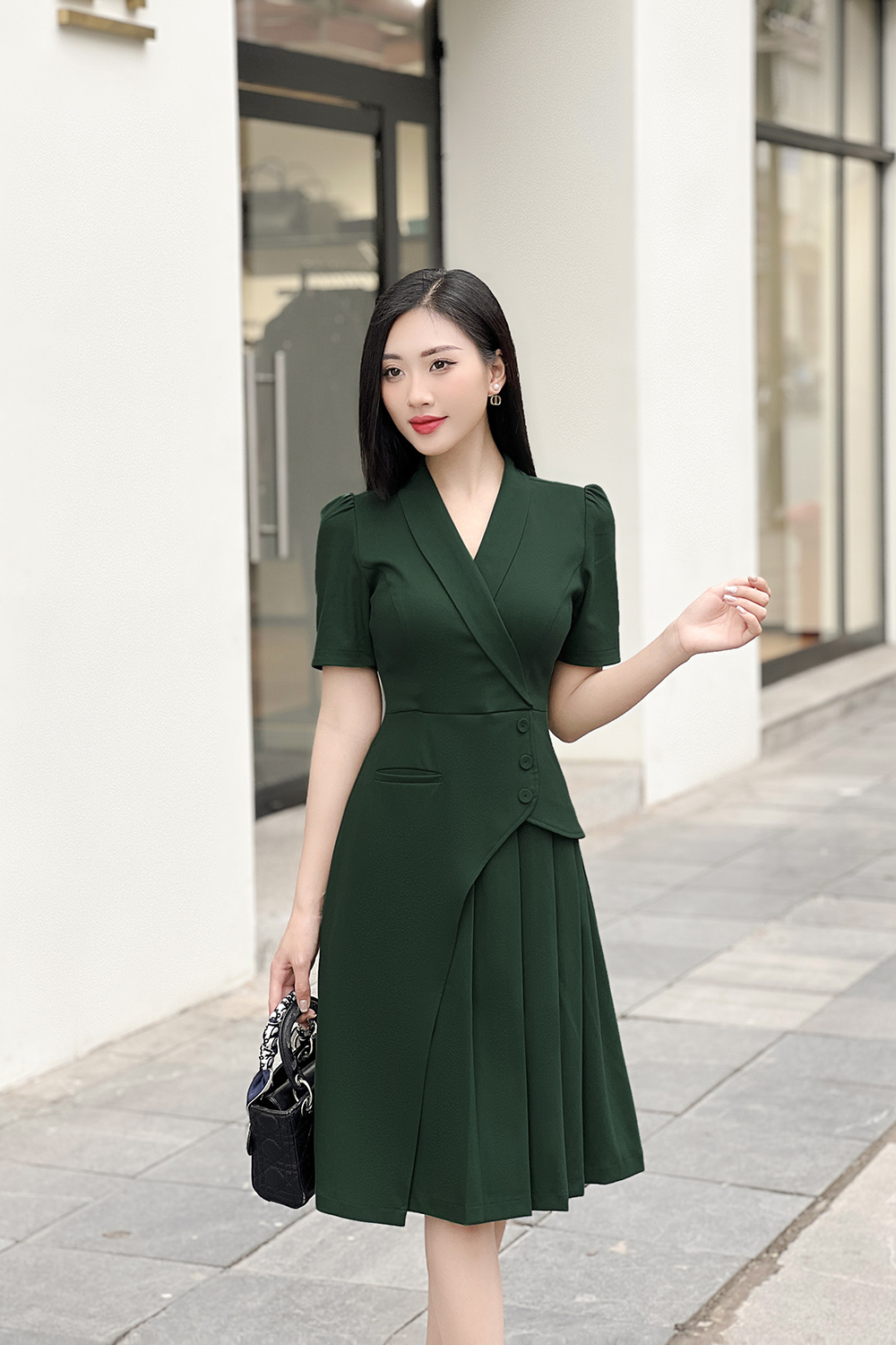 Đầm công sở dáng chữ A cổ đan tông