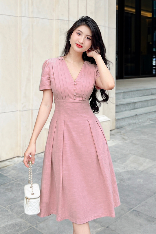 Đầm xòe hồng ngực xếp ly cổ chữ V HL26-33