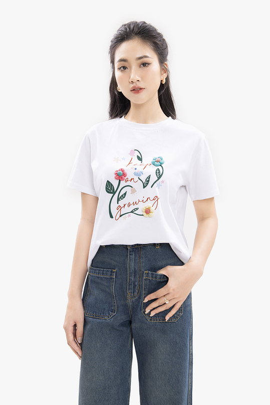 Áo thun trắng in họa tiết đính hoa nổi ASM18-32