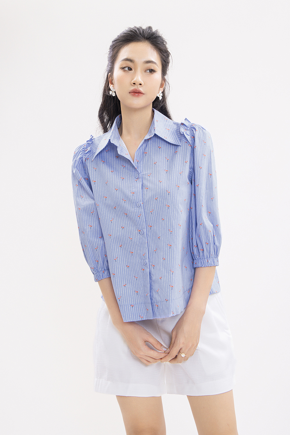 Áo sơ mi công sở nữ họa tiết tay phồng