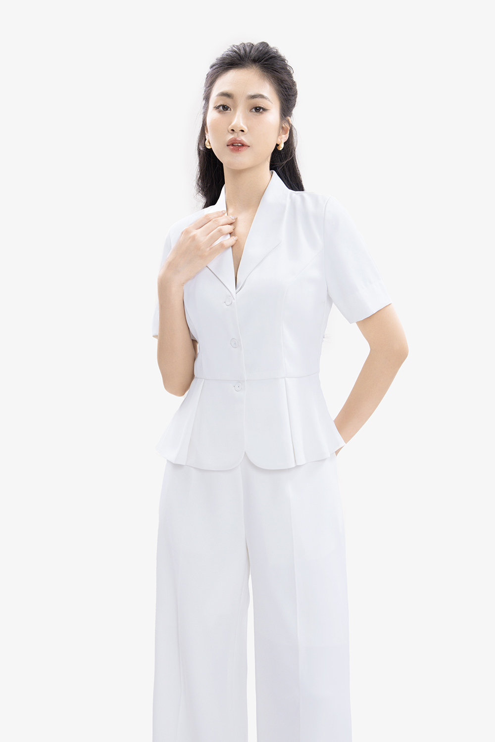 Áo peplum công sở nữ màu trắng tay ngắn