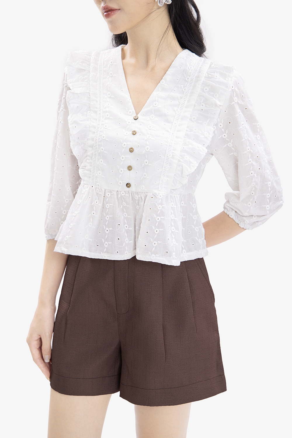 Áo kiểu công sở cổ v phối bèo