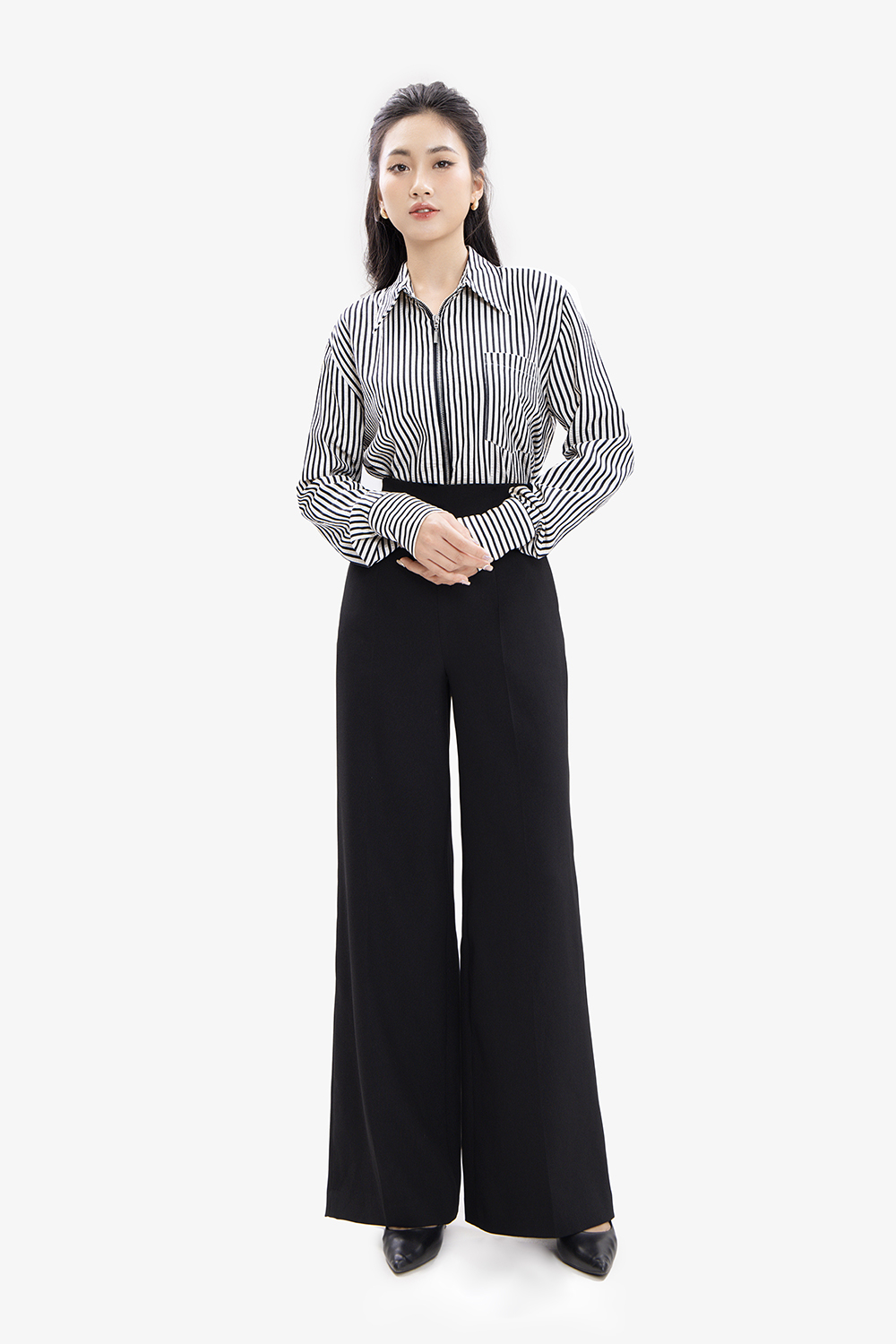 Áo sơ mi nữ kẻ sọc dây kéo trước