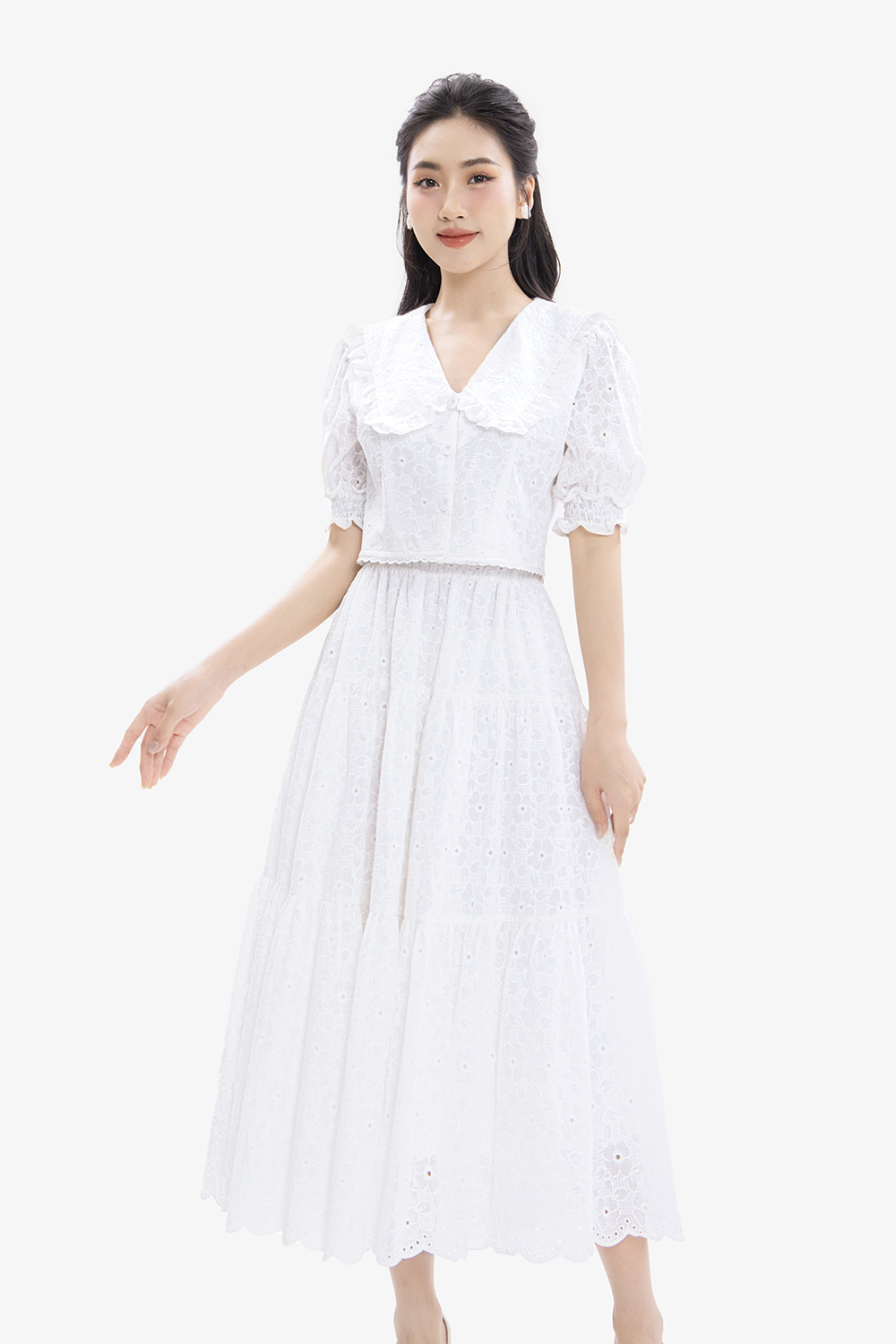 Chân váy dài dáng xòe bo chun ren thêu hoa