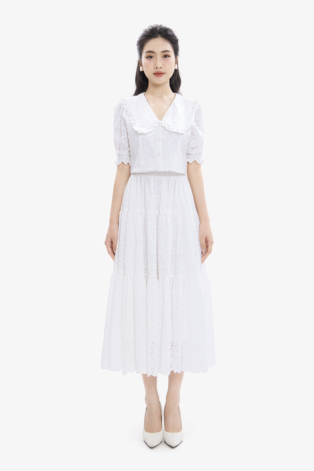 Chân váy dài dáng xòe bo chun ren thêu hoa