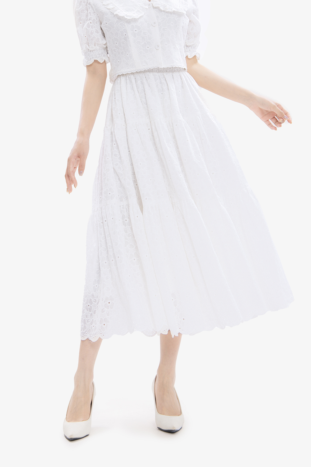 Chân váy dài dáng xòe bo chun ren thêu hoa