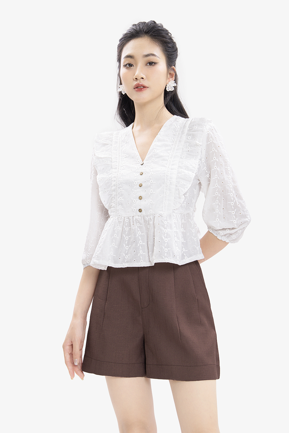 Quần short nữ lưng cao xếp ly phối túi