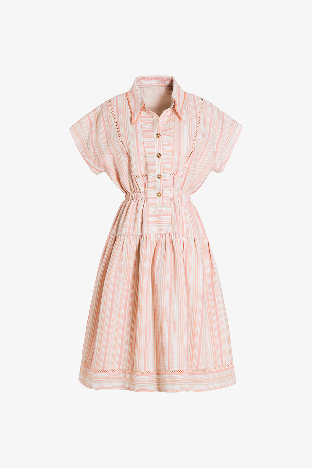 Đầm sơ mi xòe họa tiết sọc phối nút