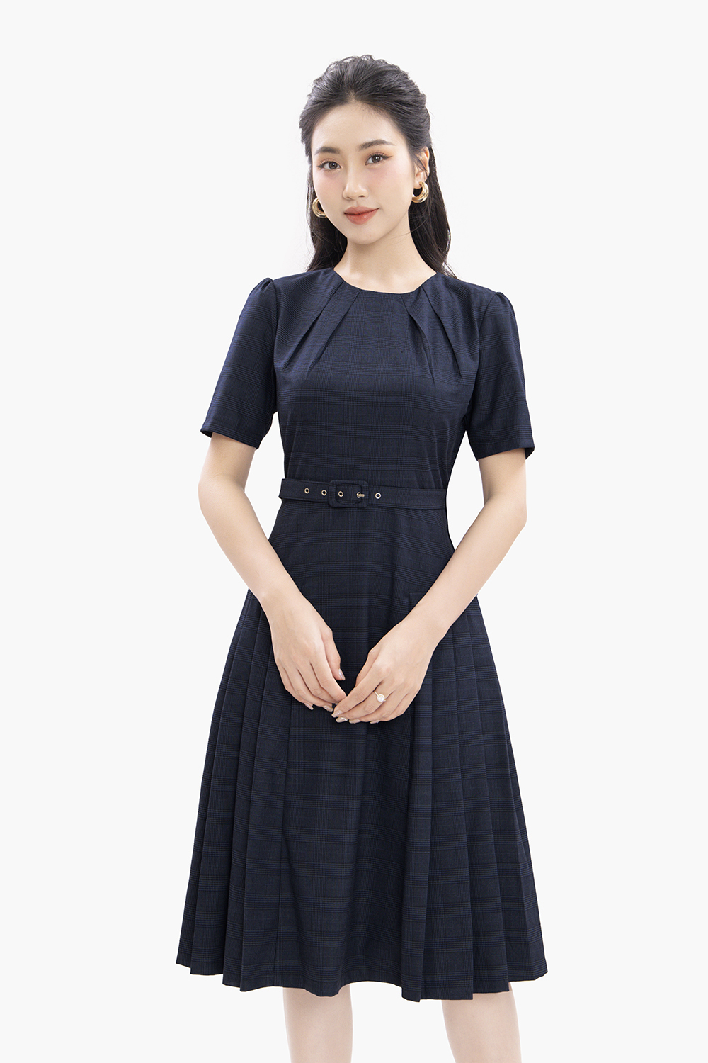 Đầm công sở dáng xòe xếp ly phối belt