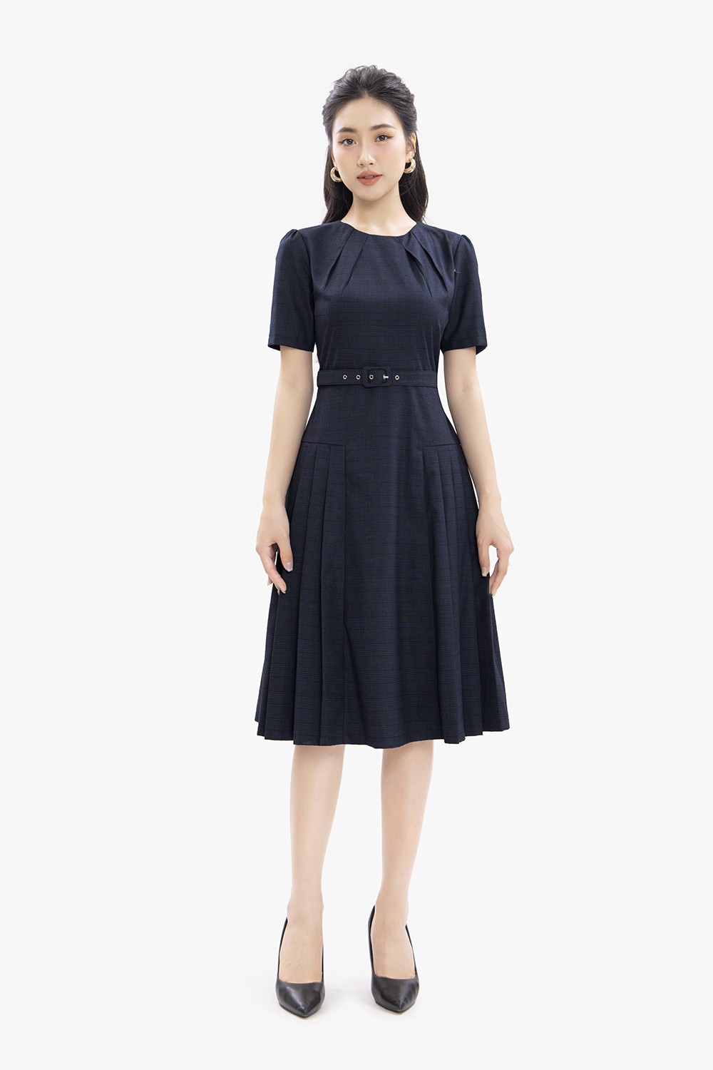 Đầm công sở dáng xòe xếp ly phối belt